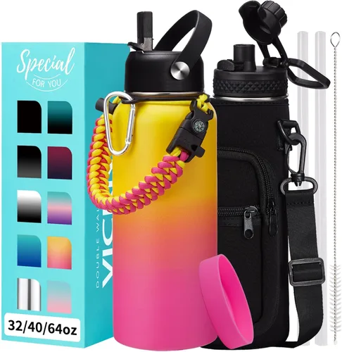 Vista 41 de Botellas de agua de 32 onzas aisladas con pajita y tapa para beber de un sorbo, asa de paracord, bolsa de transporte con correa, termo de triple