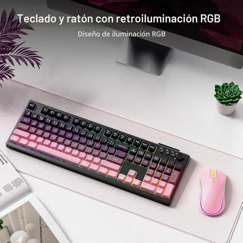 Vista 7 de Combo de teclado y mouse inalámbricos, batería recargable con retroiluminación RGB de 2000 mAh, teclados de computadora inalámbricos, teclado