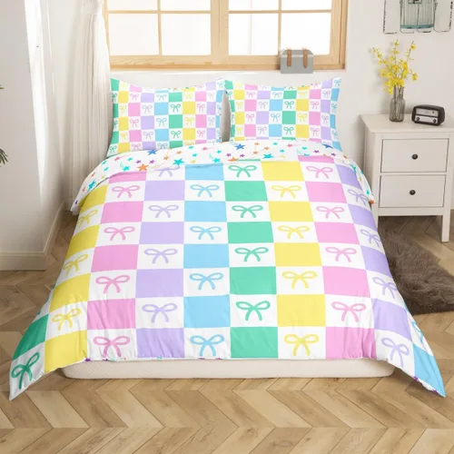 Vista 2 de Juego de funda de edredón de dibujos animados con lazo, tamaño individual, juego de ropa de cama a cuadros geométricos coloridos, decoración