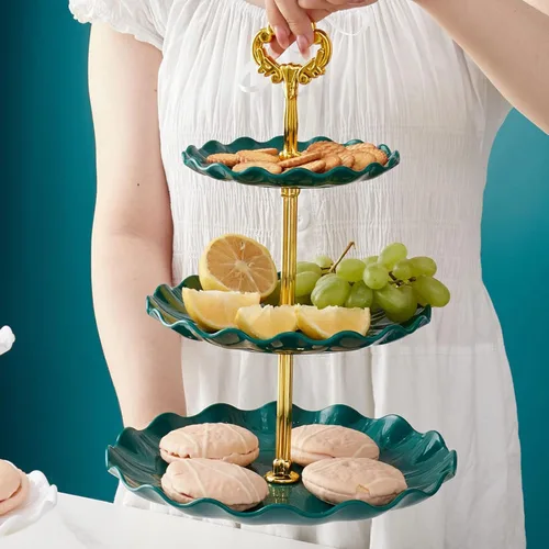 Vista 3 de Bandeja de plástico para platos de frutas de 3 capas, soporte para cupcakes, postres, para bodas, fiestas de té, cumpleaños, graduación, ducha