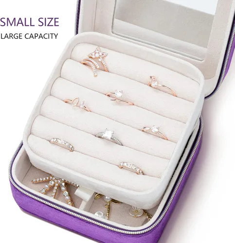 Vista 4 de V-LAFUYLIFE Organizador de joyas de viaje de terciopelo organizador de joyas portátil pequeño de 2 capas cajas de joyería para mujer organizador