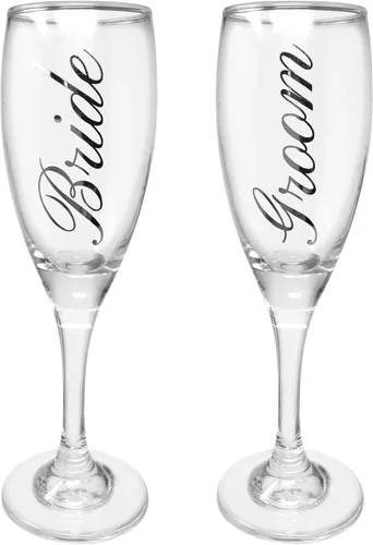 Vista 9 de BANBERRY DESIGNS Juego de 2 copas de champán para novia y novio, copas plateadas para brindis de boda de 6 onzas, elegantes copas de champán