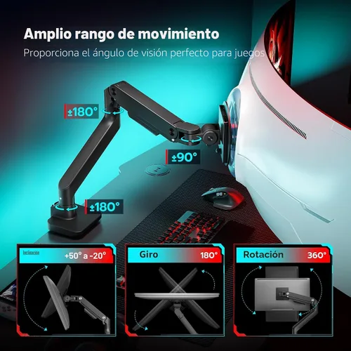 Vista 4 de ARES WING Brazo de monitor ultraancho para pantalla curvada de servicio pesado de 17 a 49 pulgadas, soporta 44 libras, brazo de monitor ajustable