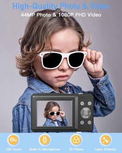 Vista 2 de Cámara digital para niños, cámara digital 1080P FHD 44MP para apuntar y disparar para fotos con tarjeta de 32 GB, zoom 16X, cámara compacta regalos