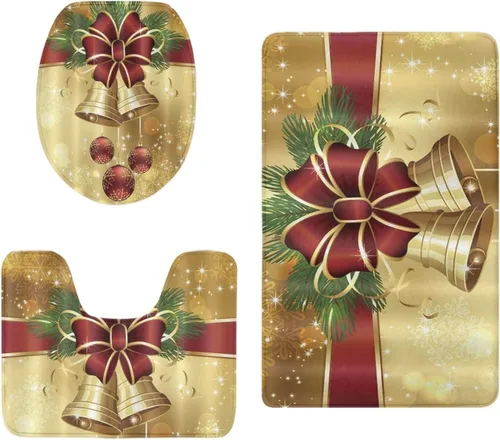 Vista 6 de FOR U DESIGNS Juego de tapetes de baño con moqueta, contorno y tapa, campana de lazo de Navidad, tapete decorativo suave para el hogar, dorado