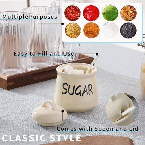 Vista 6 de Tazón de azúcar de porcelana con tapa y cuchara 12oz (Beige)