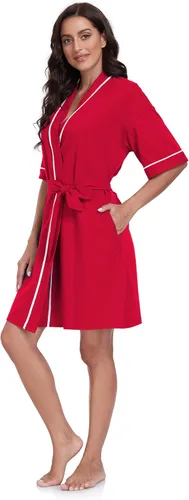 Vista 15 de COLORFULLEAF Bata de baño de manga corta para mujer, 100% algodón, longitud hasta la rodilla, con bolsillos
