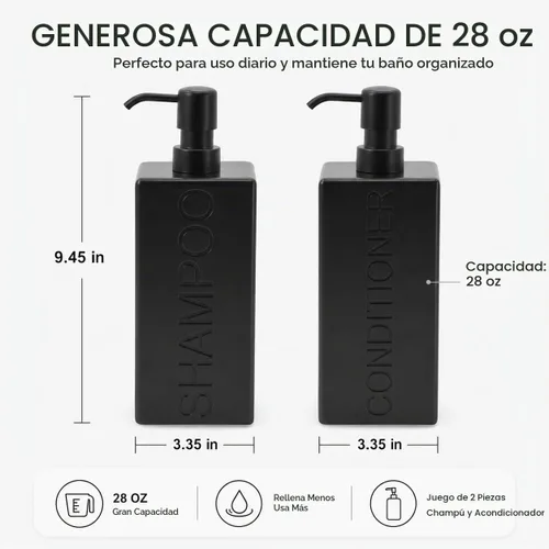 Vista 8 de Dispensador rectangular de resina para baño, champú y acondicionador de baño, botella de lavado corporal, diseño moderno de bomba recargable Negro