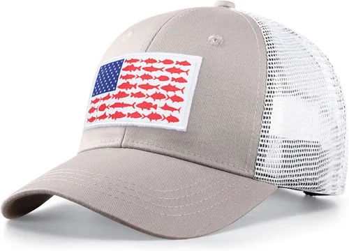 Vista 20 de Sombrero de camionero con bandera de pez estadounidense, regalos de pesca para hombres, sombrero de pesca Snapback perfecto para pesca y uso diario
