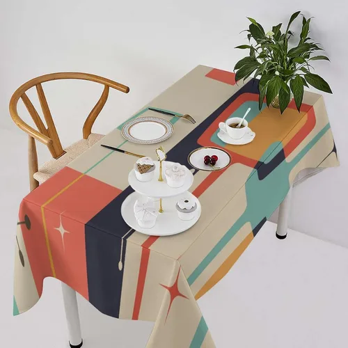 Vista 50 de Mantel retro moderno de mediados de siglo, diseño de colores retro de los años 50, resistente al agua, mantel lavable para cocina, comedor, fiesta