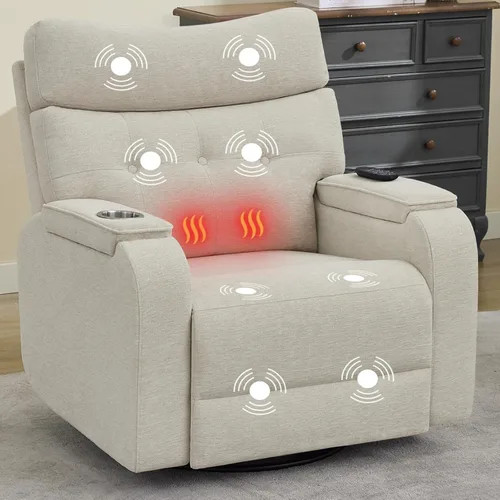 Vista 17 de Rocker - Silla reclinable para cuarto de bebé, mecedora giratoria con calor y masaje, para sala de estar, color gris claro Cuero Gris Claro