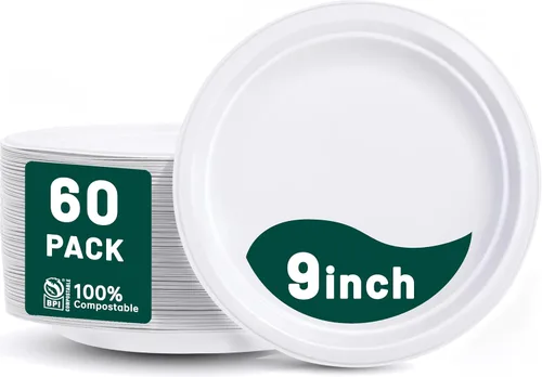 Vista 11 de DaYammi Platos de Papel 100% Compostables de 7 Pulgadas, Paquete de 60 Platos de Papel Resistente, Bagazo Biodegradable, Platos de Postre