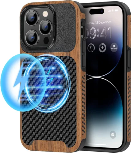 Vista 15 de TENDLIN Compatible con Funda para iPhone 14 de Grano de Madera con Diseño de Textura de Fibra de Carbono, Funda Híbrida de Cuero delgada Negra Negro