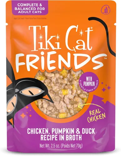 Vista 13 de Tiki Cat Aloha Friends Alimento húmedo y sin cereales para gatos de todas las edades, recetas de pollo con calabaza, sobres de 2.5 onzas