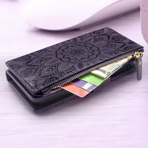 Vista 5 de Harryshell Funda de cuero desmontable con cremallera magnética con bolsillo para monedas, 12 ranuras para tarjetas, correa de muñeca para Samsung