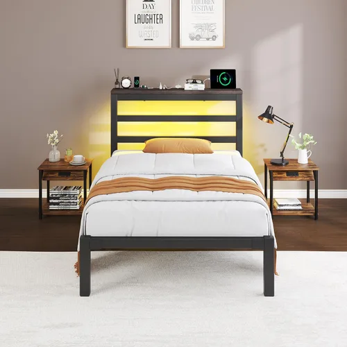 Vista 8 de E-Motie Marco de cama tamaño doble con cabecera de almacenamiento, plataforma industrial con estación de carga y luces LED, espacio
