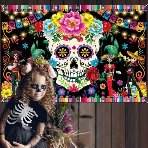 Vista 6 de Pancarta de decoración prémium con el Día de los Muertos, telón de fondo del Día de los Muertos, diseño clásico, tela HQ, impresión HD, perfecto