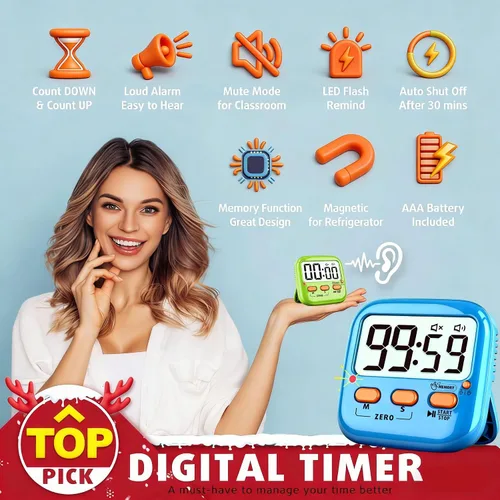 Vista 3 de Paquete de 2 temporizadores digitales para niños, temporizadores magnéticos de cocina para cocinar, huevos, profesores, aula, estudio, ejercicio