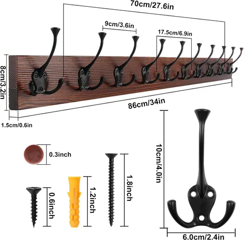 Vista 2 de IBosins Perchero de pared de 34'' con 10 ganchos tri-decorativos, colgador de abrigos de madera resistente, barra de ganchos rústicos para entrada