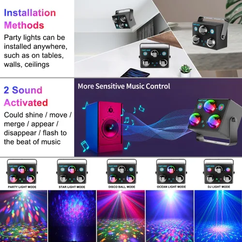Vista 4 de Luces de fiesta, luz estroboscópica DJ de discoteca, proyector de bola de discoteca para escenario, efecto de rave, luz para clubes de baile, sonido
