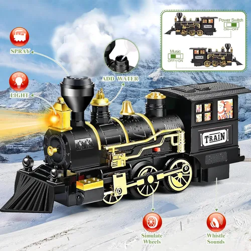 Vista 3 de Juego de tren para niños, juguete de tren con vapor, luz y sonidos, conjuntos de tren de Navidad para debajo del árbol, para niños y niñas de 3 4 5