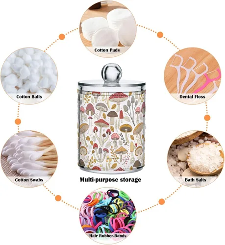 Vista 4 de Paquete de 2 tarros de boticario para baño, coloridos setas, dispensador de plástico transparente con tapa para bolas de algodón, hisopo de algodón