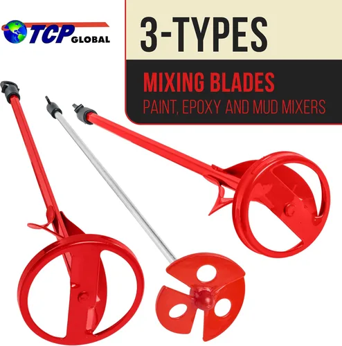 Vista 2 de TCP Global Accesorio mezclador de pintura (juego de 3) – Mezclador de paletas de taladro de 14 pulgadas con ejes hexagonales de 3/8 y 5/16 pulgadas