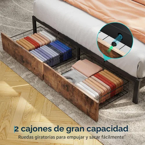 Vista 6 de SADENICEL Base de cama de tamaño matrimonial con almacenamiento, plataforma de cama de madera LED con cabecero, 2 cajones, estación de carga,