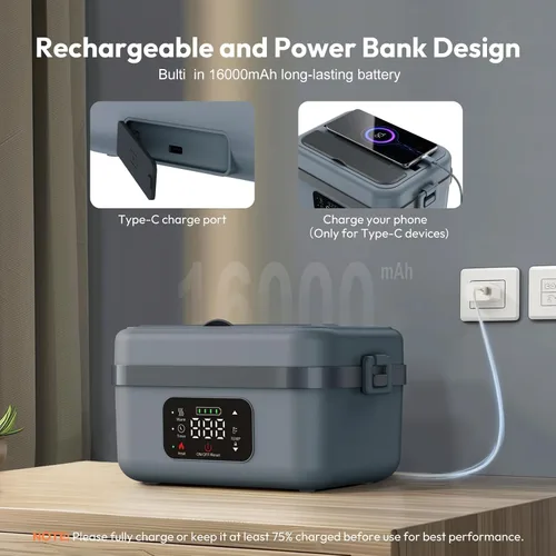 Vista 3 de Fiambrera eléctrica inalámbrica para adultos, hombres y mujeres, calentador de alimentos recargable con batería con contenedor de 1 litro, cuchara