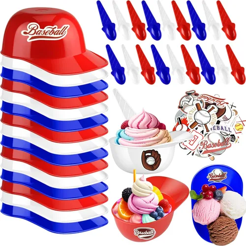 Vista 11 de MEEZY Juego de 16 cuencos de helado con diseño de casco de béisbol con 8 mini tazas de postre y 8 cucharas, 8 onzas. Cuencos reutilizables