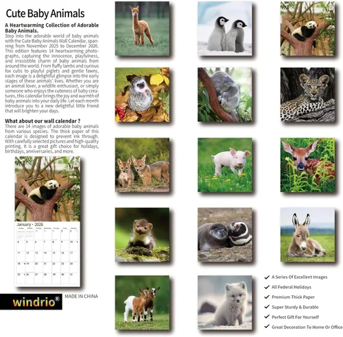 Vista 2 de Calendario de pared 2026, calendario 2026, noviembre de 2025 a diciembre de 2026, calendario de pared de animales bebés, 12 x 24 pulgadas abierto
