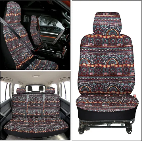 Vista 5 de Frienda - Juego completo de fundas para asientos de coche estilo Baja, manta de sillín multicolor con diseño bohemo a rayas, funda para volante