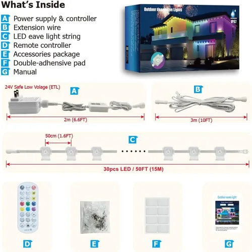 Vista 8 de Luz permanente para exteriores de 50 pies, luces exteriores inteligentes RGB Plus IC para casa, luz de cadena con control por aplicación/control