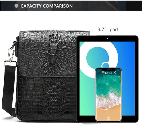 Vista 2 de NIUCUNZH Bolso mensajero de cuero con solapa para hombre, bolso cruzado pequeño, cocodrilo en relieve
