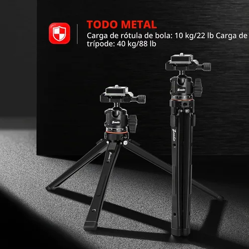 Vista 2 de Zeadio Kit de trípode de metal todo en uno con cabezal de bola Arca, soporte para teléfono y adaptador de cámara de acción