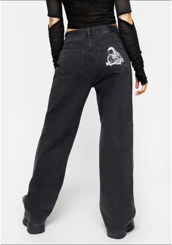 Vista 5 de HOXIJIA Pantalones de mezclilla de pierna ancha de cintura alta para mujer, con estampado Y2K, holgados, dobladillo acampanado, pantalones elásticos
