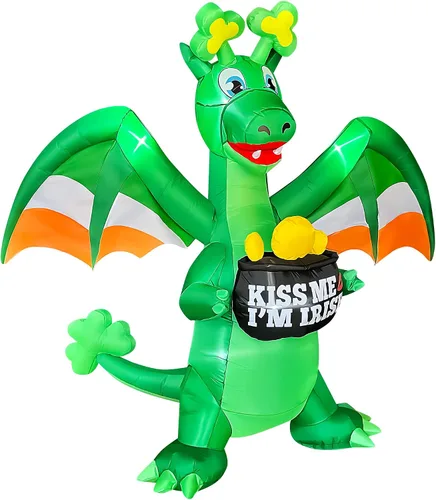 Vista 2 de SEASONBLOW Dragón inflable del día de San Patricio de 7 pies que sostiene una maceta de decoración dorada con cuerno de trébol irlandés LED inflable