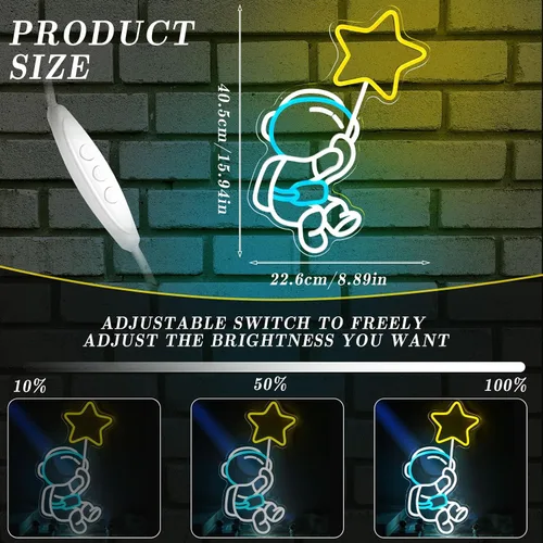Vista 2 de Letrero de neón de estrella de astronauta, luz LED de neón para decoración de pared, regulable, astronauta sosteniendo estrellas, luces