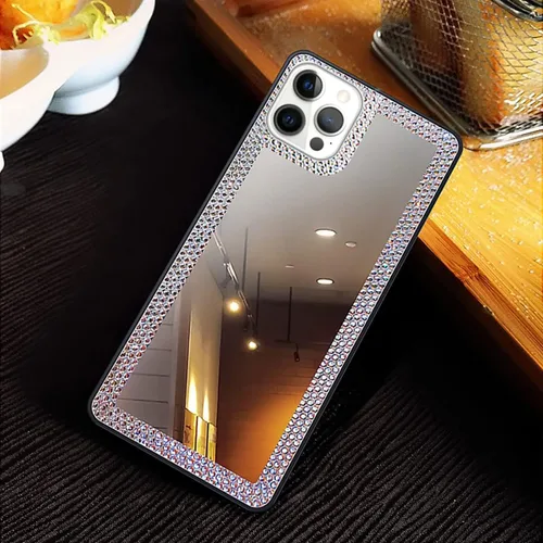 Vista 6 de Funda con espejo para iPhone 13 Pro Max para mujer con diamantes de imitación brillantes, espejo adhesivo para funda de teléfono, cubierta de espejo