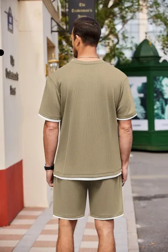 Vista 68 de COOFANDY Conjunto de camisa y pantalones cortos de gofre para hombre, conjunto de 2 piezas, conjunto casual de verano con bolsillos