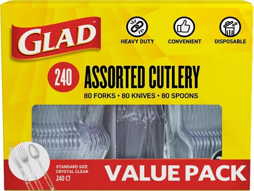 Vista 9 de Glad Juego de cubiertos desechables transparentes con tenedores, cuchillos y cucharas de plástico resistente, utensilios de plástico reutilizables