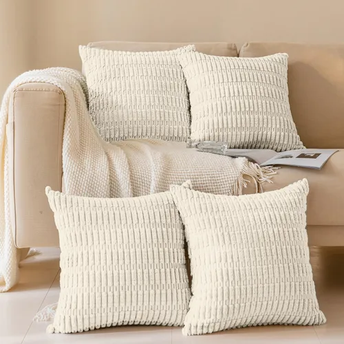 Vista 22 de Juego de 4 fundas de almohada decorativas de pana de 16 x 16 pulgadas, beige y verde Fundas de almohada suaves a rayas estilo bohemio moderno
