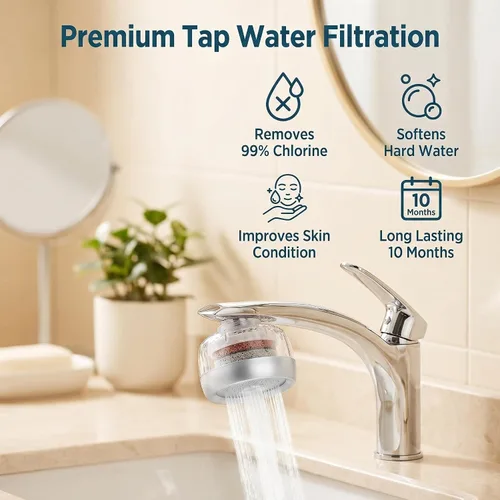 Vista 3 de Filtro de agua para fregadero de baño de larga duración. Elimina el 99% del cloro y metales pesados. Suavizante de agua dura. Purificador