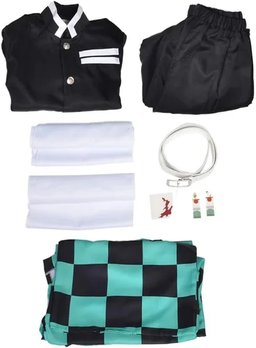 Vista 4 de miccostumes Disfraz de anime para hombre, kimono negro y verde, uniforme