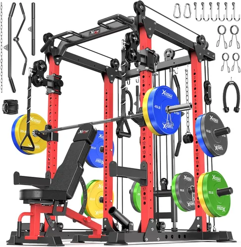 Vista 16 de Rack Multiusos para Sentadillas, Conjunto de Rack de Pesas Smith Machine con Sistema de Crossover de Cables, Racks de Potencia para Gimnasio