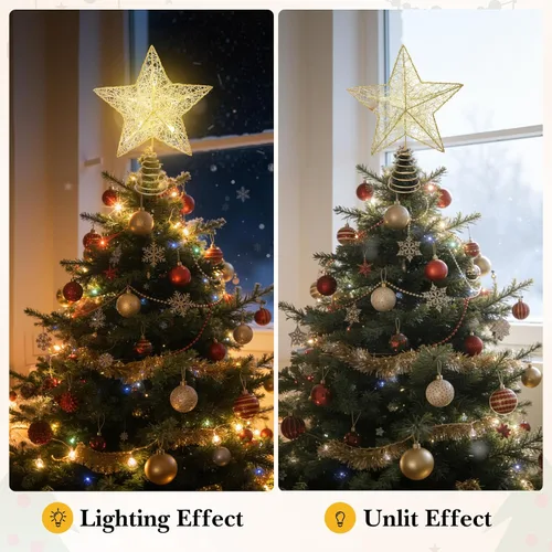 Vista 4 de Decoración para árbol de Navidad, estrella LED, funciona con pilas (dorado)
