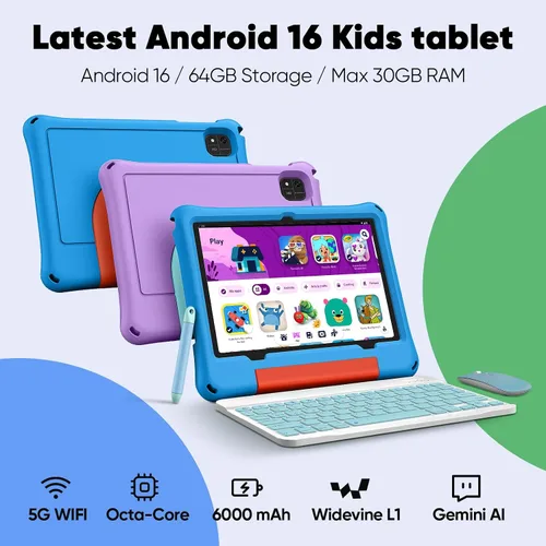 Vista 2 de Tablet para niños, tableta Android 16 para niños de 10 pulgadas Octa-Core 2.2GHz con funda, 30 GB de RAM 64 GB ROM, 2 TB expandir, control parental