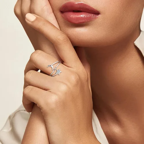 Vista 3 de ChicSilver Anillo de luna y estrella de plata de ley 925 con piedra natal luna creciente ajustable anillo de banda abierta regalo de cumpleaños
