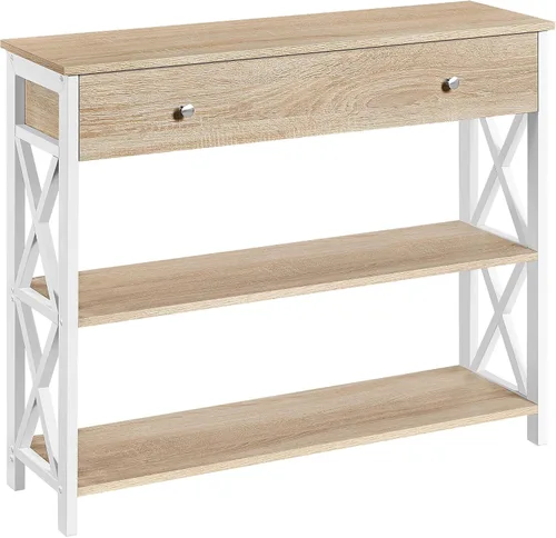 Vista 10 de Yaheetech - Consola con cajón, mesa de entrada con 3 repisas de almacenamiento, mesa estrecha larga para entrada, sala de estar, pasillo, sofá, Gris