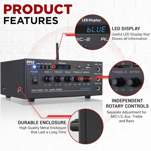 Vista 6 de Pyle Mini amplificador de potencia para el hogar compacto - Receptor estéreo de audio pequeño inteligente de 40 W con micrófono AUX 2 EN